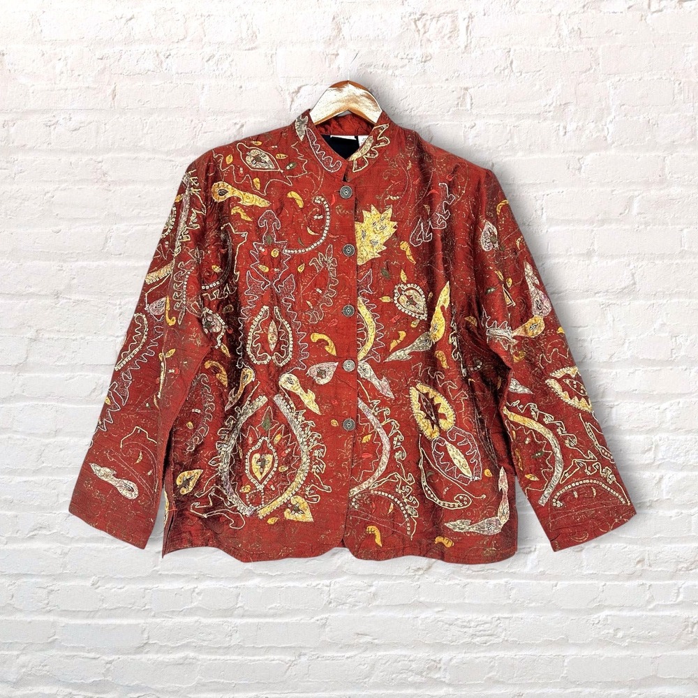 VTG‎ Chico's Silk Beaded Jacket Sz 2 (L) Rust Embroidery Paisley Art to Wear 90s